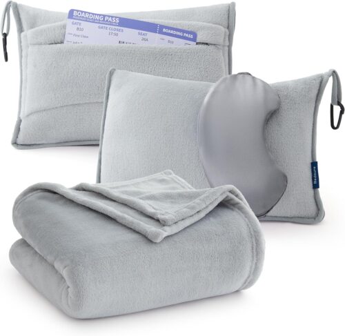 Bedsure Travel Blanket Airplane Compact with Storage Bag, Packable Blanket with Eye Mask, Lightweight 3-in-1 Travel Essentials, Functioned as Pillow for Airplane Comfort and Warmth, Grey