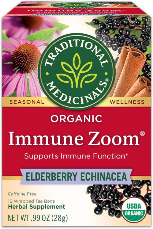 Traditional Medicinals Tea, Organic Immune Zoom Elderberry Echinacea, Supports Immune Function, 16 Tea Bags
