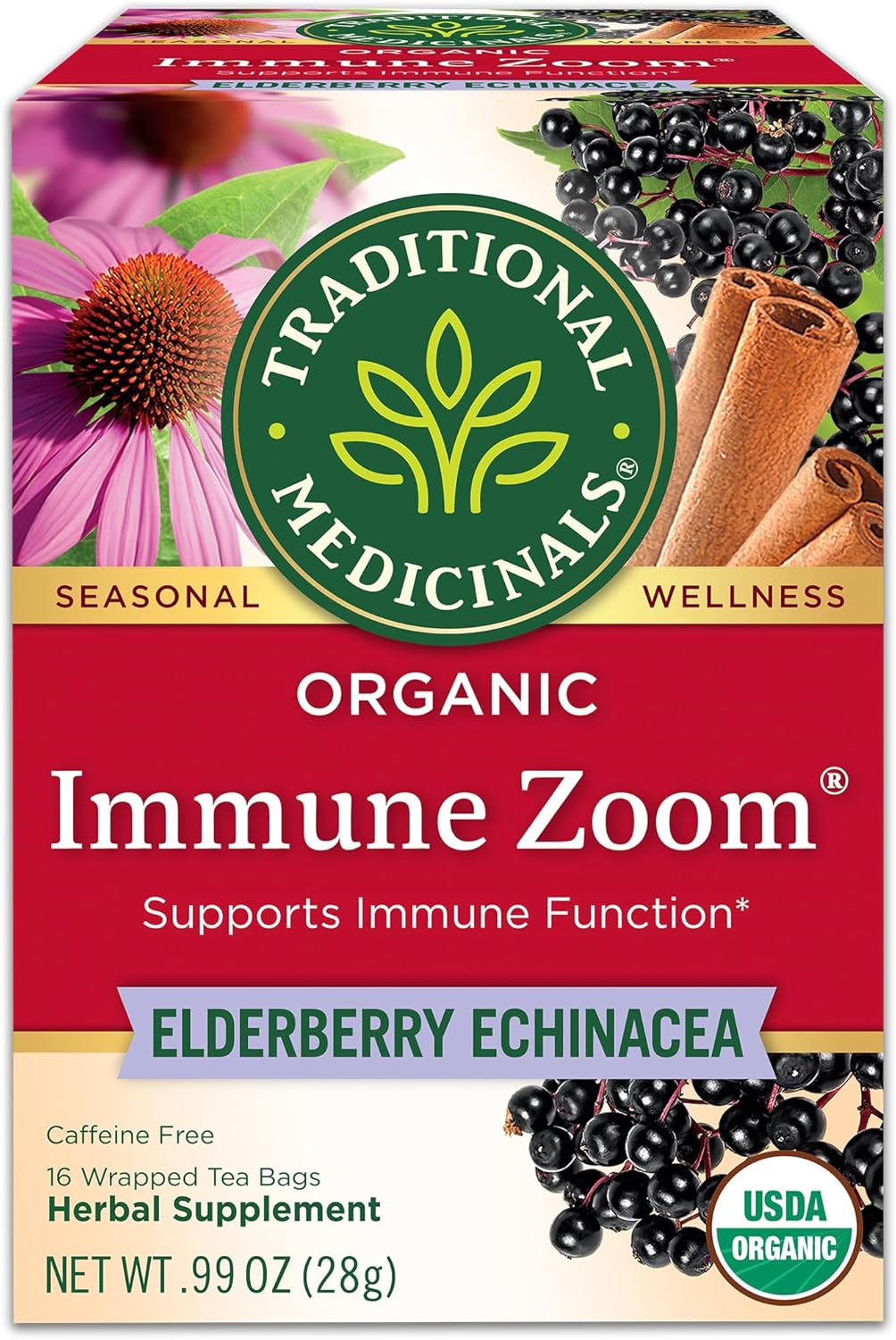 Traditional Medicinals Tea, Organic Immune Zoom Elderberry Echinacea, Supports Immune Function, 16 Tea Bags