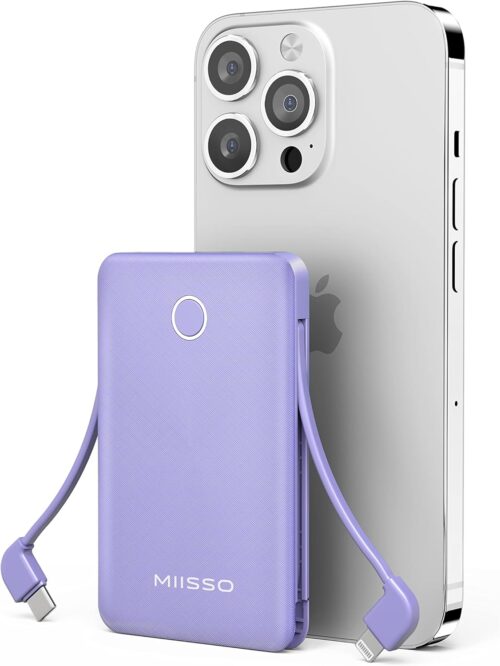 miisso 6000mah Ultra Slim Built in Cables Power Bank, Card Size Built in USB C Cords Battery Pack Portable Charger for Phones, 3 Output External Battery Pack Compatible with iPhone, Samsung, Purple