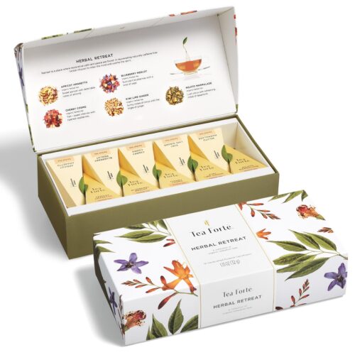 Tea Forte Herbal Retreat Organic Caffeine Free Premium Herbal Tea Petite Presentation Box Tea Sampler Gift Set, 10 Handcrafted Pyramid Tea Bag Infusers