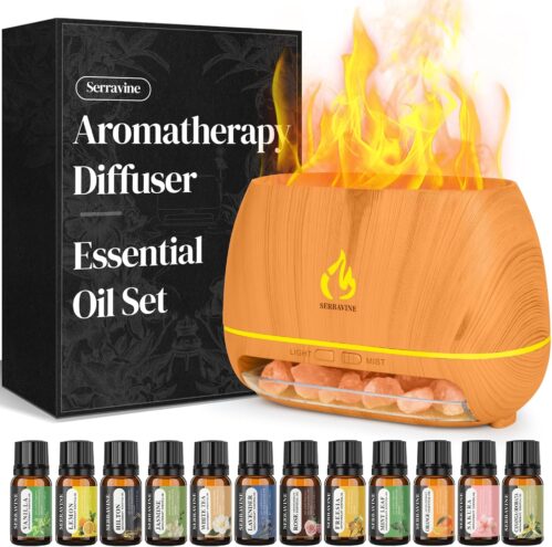 Ultrasonic Essential Oil Diffuser Set with 12 Best Aromatherapy Oils, Gift Box & Bag, Himalayan Salt Lamp Diffuser，Cool Mist Humidifier for Bedroom, Scent Diffusers for Home