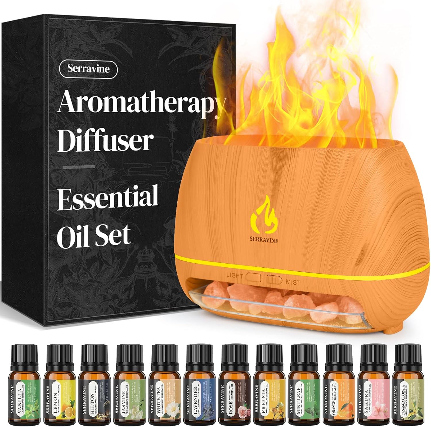 Ultrasonic Essential Oil Diffuser Set with 12 Best Aromatherapy Oils, Gift Box & Bag, Himalayan Salt Lamp Diffuser,Cool Mist Humidifier for Bedroom, Scent Diffusers for Home