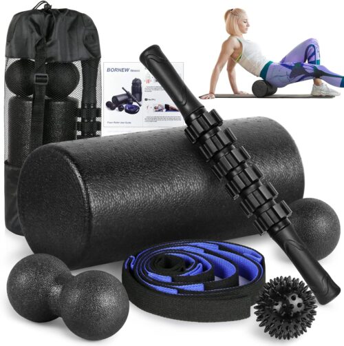 Foam Roller Set – High Density Back Roller, Muscle Roller Stick,2 Foot Fasciitis Ball, Stretching Strap, Massage Ball for Whole Body Physical Therapy & Exercise, Yoga, Back Pain, Leg, Deep Tissue