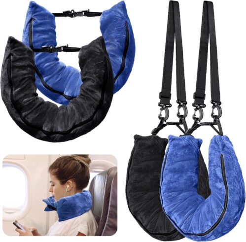 2Pack Stuffable Travel Pillow for Extra Luggage, Velvet Travel Neck Pillow with Adjustable Neck Size, Fits About 6 T-Shirts Travel Essentials Multifunctional Sleeping Rest Cushion(Blue)