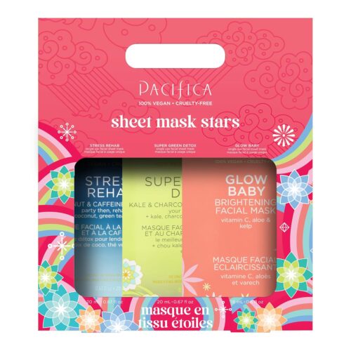 Pacifica Face Sheet Mask Gift Set -Preppy Skincare for Holidays & Stocking Stuffers Face Mask Makeup Gift Set for Woman Teens & Girls Christmas Gifts Glow Baby, Super Green Detox & Stress Rehab 3 Pack