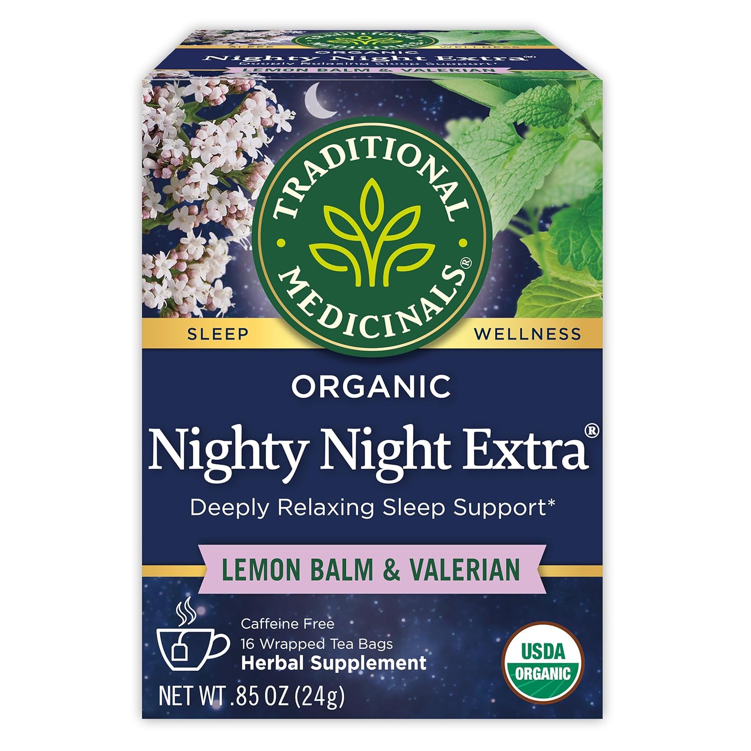 Traditional Medicinals Organic Nighty Night Extra Tea With Valerian Root for Relaxation, 16 Tea Bags (Pack of 1)