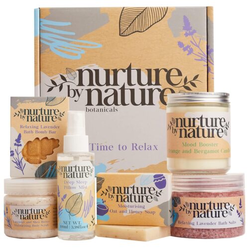Nurture by Nature RELAX & CALM Spa Kit – Mothers Day Gift – Spa Gift Baskets For Women, Complete Bath Sets for Women Gift – Lavender Pillow Mist, Bath Salts, Bath Bomb – Self Care Gift Basket