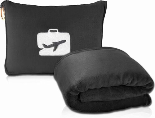 EverSnug Travel Blanket and Pillow – Ultra-Soft, Compact & Lightweight, 65×40 Inches, with Carry Case, Luggage Sleeve & Backpack Clip for Airplane Comfort (Black)